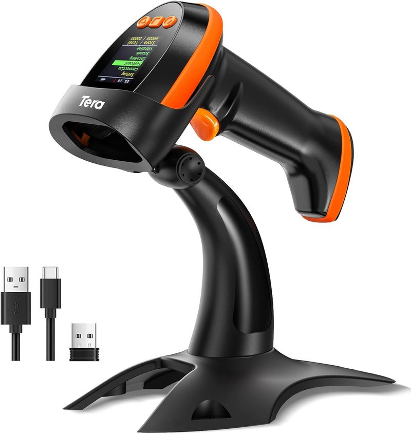 Tera Barcode Scanner Wireless 2D with Stand: Pro Version Digital Setting Screen Keypad Works with Bluetooth 2.4G Wireless USB Wired Extra Fast Scanning Speed Handheld Bar Code Reader HW0009-Z - Image 1